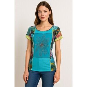 Artistic Floral Beaded Mesh Top Italy Vibrant Abstract Print Short Sleeve Sz 3 M